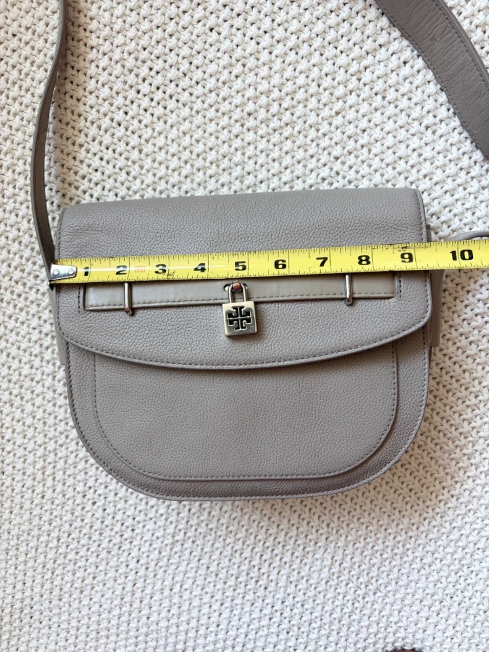 Tory Burch Pebbled Light Gray/taupe Leather Crossbody with magnetic closure